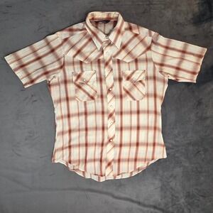 Vintage Essley Innovations Western Pearl Snap Plaid Shirt Mens L Red Tan